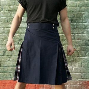 Kilt en coton bleu marine pour homme, couleur unie, coupe classique, design hybride avec doublure en tartan pour adultes - Product Image 4