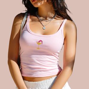 Pink Cotton Scoop Neck <b>Tank</b> Top Shrimp Cocktail Embroidery Women Summer Sleeveless Ribbed Undershirt Streetwear Vest - Product Image 1