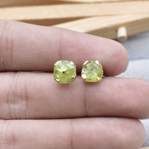 Natural Raw Peridot <b>Stud</b> Earring Gold Electroplated Gemstone <b>Stud</b> August Birthstone Jewelry Minimalist Gift for Her - Product Image 3