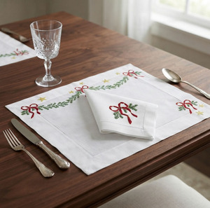 Wholesale Custom Traditional Linen Hemstitch Mat Set Embroidered <b>Red</b> <b>Bow</b> Pine Leafs Christmas Placemat Napkin Machine Washable - Product Image 1