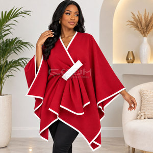 Cosh International Sorority Sisterhood Red Asymmetric <b>Poncho</b> With White Trim V-Neck Belt Closure Full Sleeve Long Sweater - Product Image 4