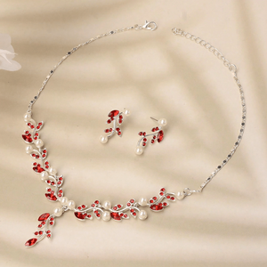 Hallmark Silver Sadabahar Red Ethnic Jewelry Set-Platinum Gold Plated Zircon & Natural Stone - Product Image 3