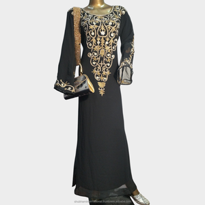 Black Luxury Kaftan <b>Dress</b> with <b>Silver</b> Embroidered Front and Ornate Cuff Detail for Elegant Wedding Party Wear - Product Image 5