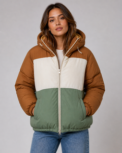 Veste d'hiver matelassée pour femme, personnalisable, à capuche, épaisse, chaude, en duvet, bicolore, vente en gros - Product Image 1