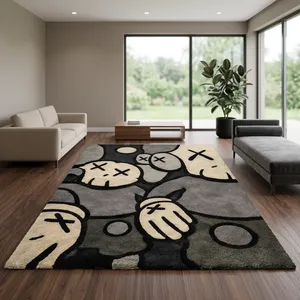 Tapis rectangulaire moderne et original, en peluche tuftée, avec dos antidérapant en caoutchouc, pour salon, motif gris, noir et blanc - Product Image 4