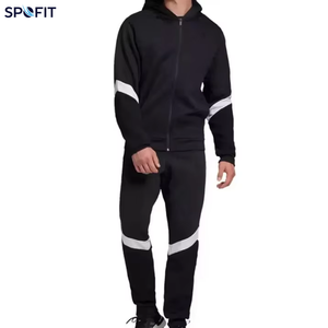 Conjunto Deportivo SPOFIT para Hombre, con Capucha, Negro, con Cierre Completo, para Correr, con Rayas Blancas, Transpirable, de Poliéster, para Otoño - Product Image 1