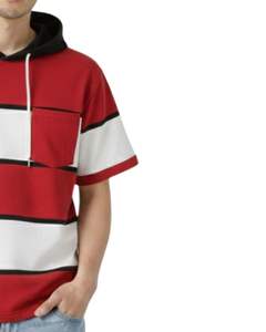 Camiseta con Capucha Personalizada para Hombre, a Rayas Rojas, Blancas y Negras, de Manga Corta, con Capucha en Contraste, Cordón y Bolsillo, Estilo Casual Urbano, Top de Verano - Product Image 2
