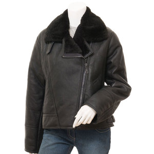 Chaqueta de Motocicleta de Cuero Genuino para Mujer con Ribete de Piel, Cierre de Cremallera en Manga Larga, Cálida para Invierno, Resistente al Viento, Color Sólido - Product Image 1