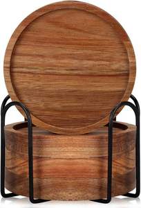 Handmade Eco-Friendly Acacia Wood <b>Round</b> <b>Coaster</b> Set with Metal Holder for Modern Coffee Table and Home Kitchen Decor - Product Image 6