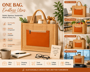 Eco-Friendly Jute Tote Bag With Leather Zipper Pocket Solid Color Minimalist Style For Shopping All Seasons - Product Image 4