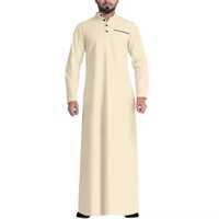 Abaya Robe Longue Décontractée pour Hommes Musulmans Arabes, Perlée, Col Montant Ample, Manches Longues, Légère et Respirante, Longueur Cheville, Moyen-Orient