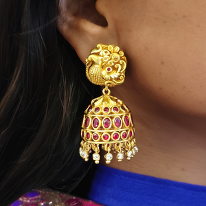 Ruby Jhumka Drop Earrings-Gold Plated with Natural Diamond Stone Classic Ethnic Style for Wedding Party & Engagement Gifts - Product Image 3