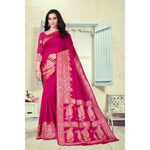 CRÉATEUR BANARASI LICHI SOIE JACQUARD TRAVAIL SAREE AVEC CHEMISIER NON COUDU ROSE - Product Image 1