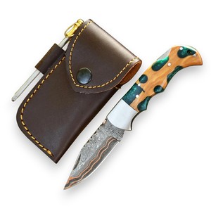 Hot Selling Copper Damascus Steel Folding <b>Knife</b> Back <b>Lock</b> Resin & Wood Handle With Clip and Sheath Cu Mai EDC Camping OEM <b>Knife</b> - Product Image 1