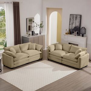 Ensemble de canapés de salon moderne en tissu Corduroy Tan, deux places, inclinable, avec 8 coussins et assise profonde et spacieuse - Product Image 1