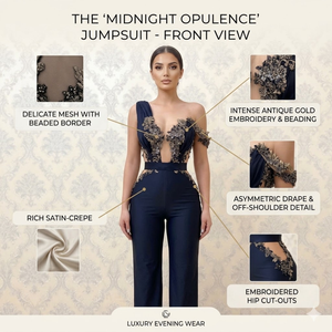 Elegant Navy Embroidered One Shoulder <b>Jumpsuit</b> |Luxury Applique <b>Mesh</b> Cutout Wide Leg Evening Party Wear Designer Cocktail Outfit - Product Image 5