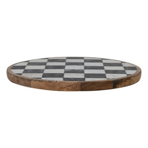 Round Checkered Wood Decorative Tray Rustic Design Handcrafted Marble Inlay Surface For Kitchen Countertop And Dining Table Use - Product Image 1