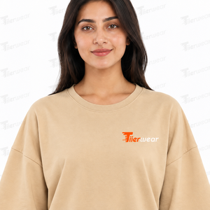 T-shirt beige oversize pour femme, col rond, épaules tombantes, coupe ample, manches longues mi-longues, haut décontracté avec logo, t-shirts oversize pour femme - Product Image 5