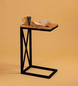 Rectangular Wooden Top Side Table <b>Black</b> Metal Geometric <b>Frame</b> Minimalist Handcrafted Eco Friendly Modern Living Room Bedroom - Product Image 1
