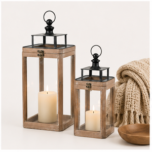 Set of 2 <b>Large</b> Farmhouse Wooden <b>Lanterns</b> with Metal Top Rustic Decorative Floor Candle Holders for Indoor Outdoor Home Decor - Product Image 2