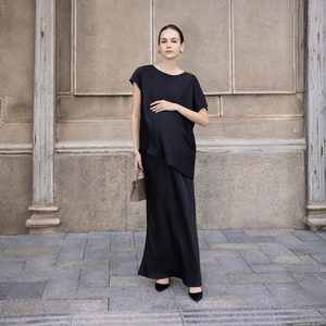 Vestido midi de organza de seda para mujer, cuello redondo minimalista, corte holgado, estilo casual de oficina - Product Image 6