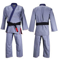 Kimono de BJJ VICS SPORTS, uniforme gris avec bordure bleue, ceinture noire, unisexe adulte, 100% coton respirant, poids du tissu 400g, logo sur la manche gauche