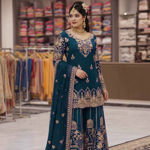 Heavy Embroidery Teal <b>Kurti</b> Set with Sharara Pants Wedding & Party Wear Outfit Ready to Wear Party Wear Ethnic Suit - Product Image 1