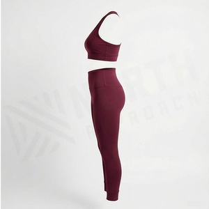 Women's Burgundy Seamless Yoga Set High Waist <b>Leggings</b> And Sports Bra <b>Activewear</b> - Product Image 3