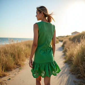 Mini vestido elegante de verano para mujer con dobladillo con volantes sin mangas ALine Cut LaserCut Floral Ojal que detalla bordes festoneados y - Product Image 2
