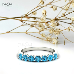 Produits phares : Bague demi-éternité authentique en topaze bleue suisse 3 mm sertie de griffes, en or blanc massif 14 carats, bijoux marqués - Product Image 3