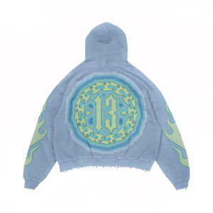 Sudadera con capucha personalizada de algodón 100% para hombre, estilo streetwear, con estampado serigráfico, bordado y pedrería, efecto desgastado, unisex. - Product Image 2