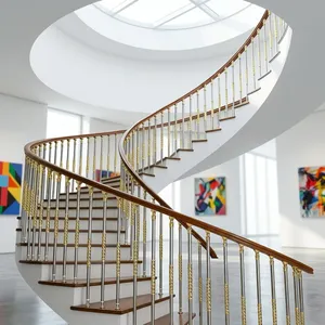 Rampe d'escalier incurvée de luxe avec main courante en bois, accents dorés et balustres en acier pour une conception intérieure élégante - Product Image 4