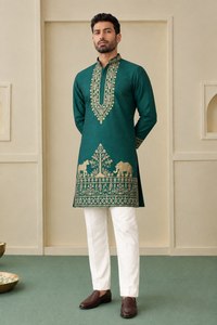 Kurta en soie verte pour homme, imprimé par transfert thermique, motif animalier, coupe droite, longueur genou, tenue de mariage traditionnelle, séchage rapide - Product Image 5