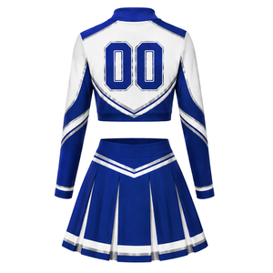 Ensemble uniforme de cheerleading sublimé bleu et blanc à manches longues avec jupe plissée – Tenue de sport d'équipe pour entraînement et performance – Personnalisable - Product Image 3