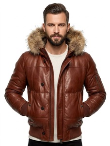 Men Puffer Quilted <b>Hooded</b> Leather <b>Jacket</b> Bomber <b>Fur</b> Hoodie Sheepskin genuine leather <b>Jacket</b> for Men - Product Image 2