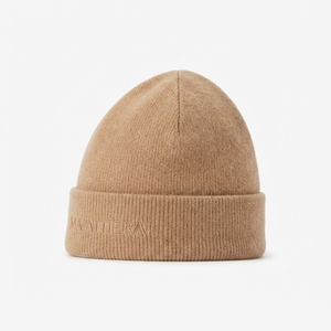 Custom Beige Knit Beanie <b>Hat</b> <b>Winter</b> Warm Cuffed Skull Cap With Embroidered Logo - Product Image 2