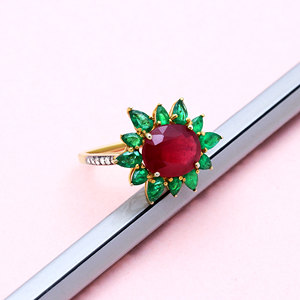 925 Sterling <b>Silver</b> Ruby <b>Emerald</b> Diamond Floral <b>Ring</b> for Women Gold Plated Oval Gemstone Statement Fine Jewelry - Product Image 4
