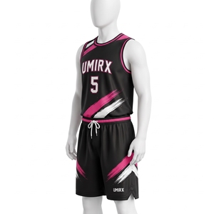 Conjunto de Uniforme de Baloncesto Personalizado con Diseño de Pinceladas, Jersey Sublimado Negro y Rosa, Pantalones Cortos de Doble Capa, Nombre del Equipo, Número, 100% Malla de Poliéster - Product Image 3