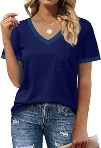 Women's V-Neck Short Sleeve T-Shirt Solid Color Loose Fit Casual <b>Top</b> With Pocket Spring Summer Wear - Product Image 4