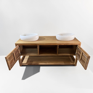 Teak Wood Bathroom Vanity Double Sink Cabinet <b>Wall</b> Mounted <b>Floating</b> Storage Drawers <b>Unit</b> for Modern Washroom Furniture Wholesale - Product Image 4