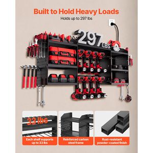 Organizzatore per Utensili Elettrici a 3 Livelli, Stazione di Ricarica da Parete con 8 Supporti per Trapani e Multipresa, 1,70 m - Product Image 5