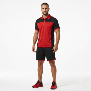 Chemise Homme Rouge et Noire à Manches Courtes, Séchage Rapide, Tricotée, Décontractée, Design Uni, Boutons sur le Devant, Coupe Classique, 100% Coton Teint Uni - Product Image 2