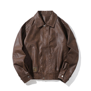 Veste en cuir PU pour homme, couleur unie, col rabattu, fermeture éclair, manches régulières, style motard, vêtement d'automne - Product Image 2