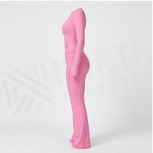 Combinaison de yoga rose à manches longues, taille haute, jambes évasées, sans coutures, extensible dans les quatre sens, couleur unie, longueur intégrale, vêtements de sport - Product Image 3