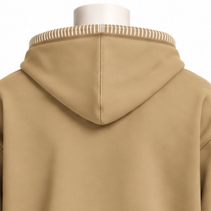 Khaki Stitched Border Distressed Pullover <b>Hoodie</b> <b>Oversized</b> Sweatshirt Contrast <b>Stitch</b> Kangaroo Pocket Casual Streetwear Wear - Product Image 4