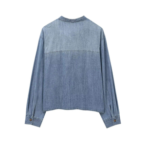Women's Denim Shirt Long Sleeve Turn-<b>down</b> Collar Solid Color Casual Top with Pocket Spring Wear - Product Image 4