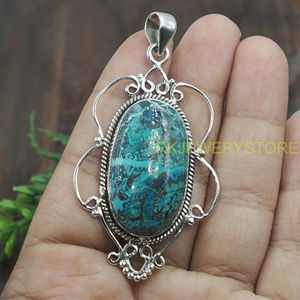 Pendentif en azurite chrysocolle naturelle, argent sterling 925, fait main, filigrane vintage, ovale, bijou cadeau pour femme - Product Image 4