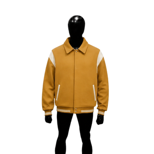WHOLESALE MUSTARD YELLOW AND <b>WHITE</b> VARSITY <b>JACKET</b> FOR <b>MEN</b> CLASSIC BOMBER BASEBALL STYLE PREMIUM ZIP FRONT CASUAL STREETWEA FASH - Product Image 1