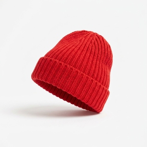 Gorro de Punto Acrílico Rojo con Nervaduras, Gorro de Invierno de Color Sólido, Tejido a Mano, Estilo Casual para Mujer, 56-58CM - Product Image 2