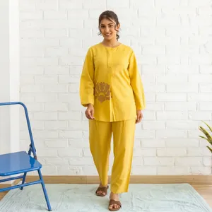 <b>Women</b>’s <b>Yellow</b> Cotton Two Piece Set Long Sleeve Round Neck <b>Top</b> Straight Pants Minimalist Printed Casual Comfortable Wear - Product Image 1